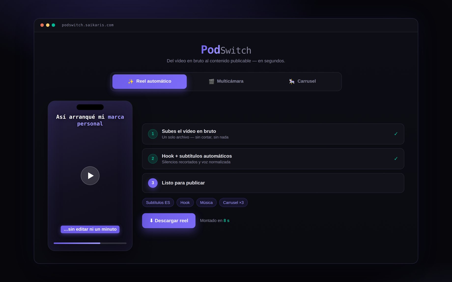 PodSwitch — de una idea al reel, la descripción y el carrusel